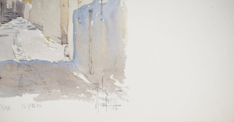 René LEVERD : Suisse, Escaliers du château de Nyon, Aquarelle originale signée