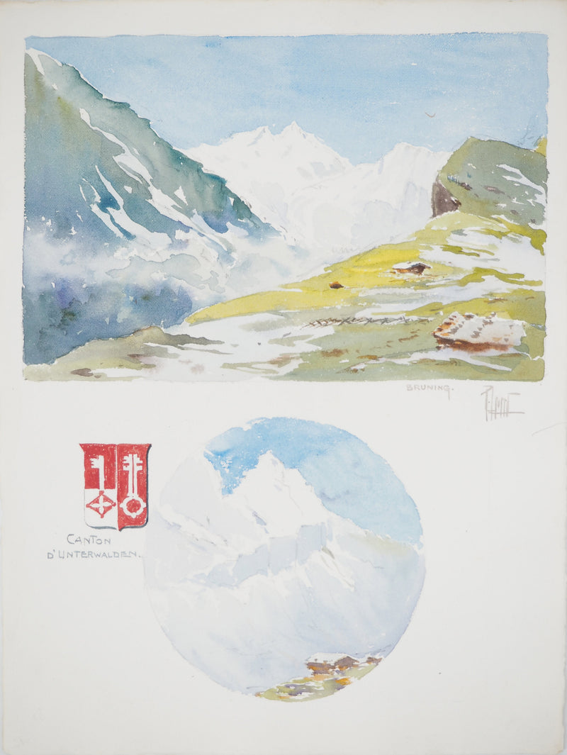 René LEVERD : Suisse, Col du Brüning, Aquarelle originale signée
