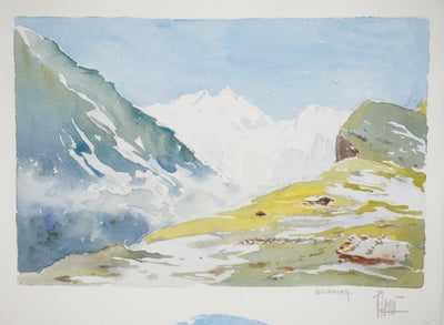 René LEVERD : Suisse, Col du Brüning, Aquarelle originale signée