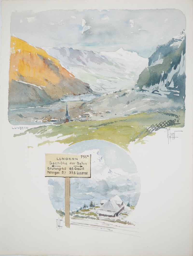 René LEVERD : Suisse, Direction Lungern, Aquarelle originale signée