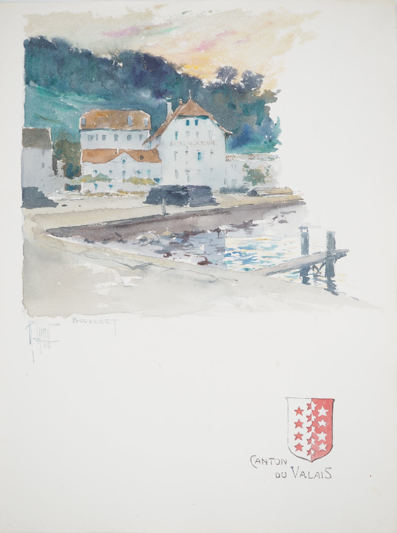 René LEVERD : Suisse, Hotel de la Tour à Bouveret, Aquarelle originale signée