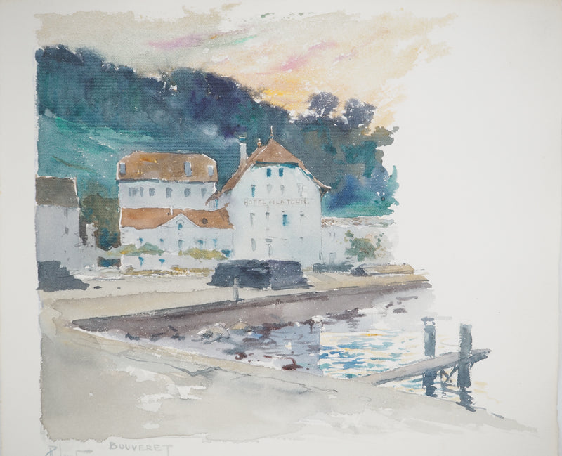 René LEVERD : Suisse, Hotel de la Tour à Bouveret, Aquarelle originale signée