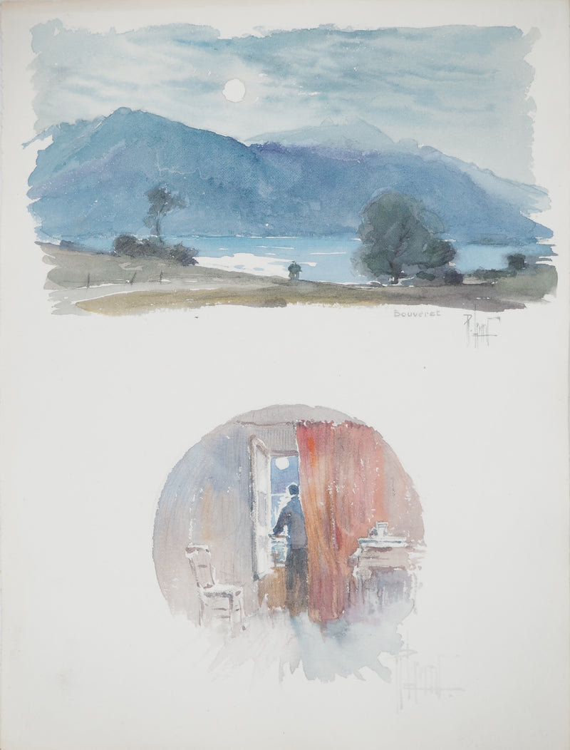 René LEVERD : Suisse, La nuit tombe sur Bouveret, Aquarelle originale signée