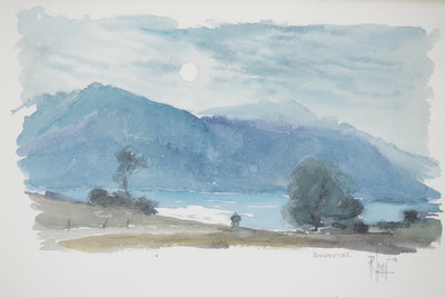 René LEVERD : Suisse, La nuit tombe sur Bouveret, Aquarelle originale signée
