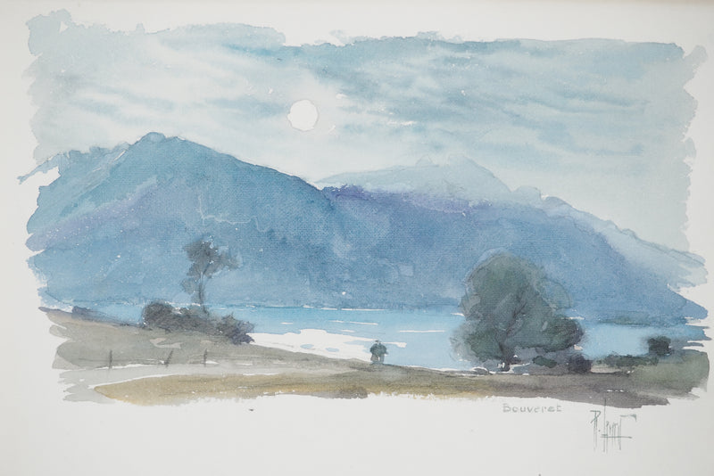 René LEVERD : Suisse, La nuit tombe sur Bouveret, Aquarelle originale signée
