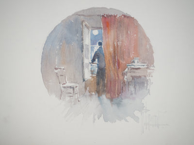 René LEVERD : Suisse, La nuit tombe sur Bouveret, Aquarelle originale signée