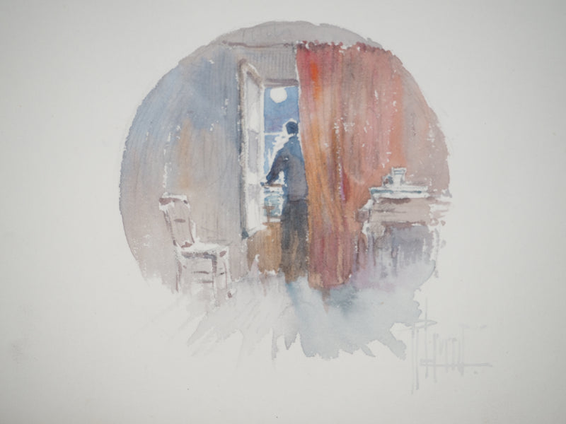 René LEVERD : Suisse, La nuit tombe sur Bouveret, Aquarelle originale signée