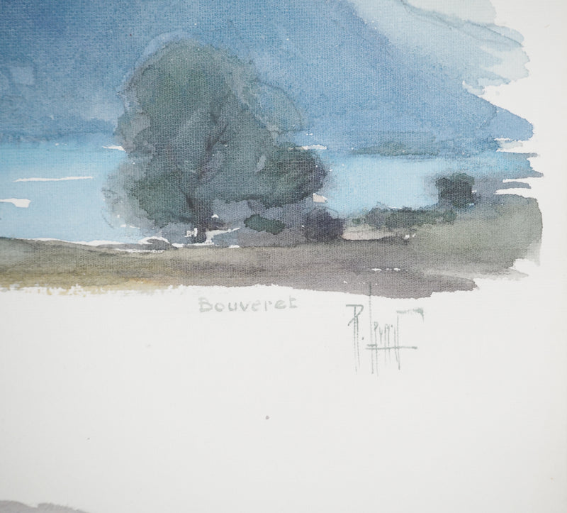 René LEVERD : Suisse, La nuit tombe sur Bouveret, Aquarelle originale signée