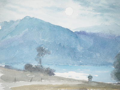 René LEVERD : Suisse, La nuit tombe sur Bouveret, Aquarelle originale signée