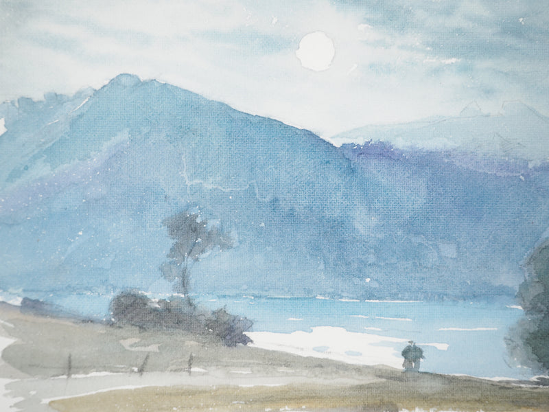 René LEVERD : Suisse, La nuit tombe sur Bouveret, Aquarelle originale signée