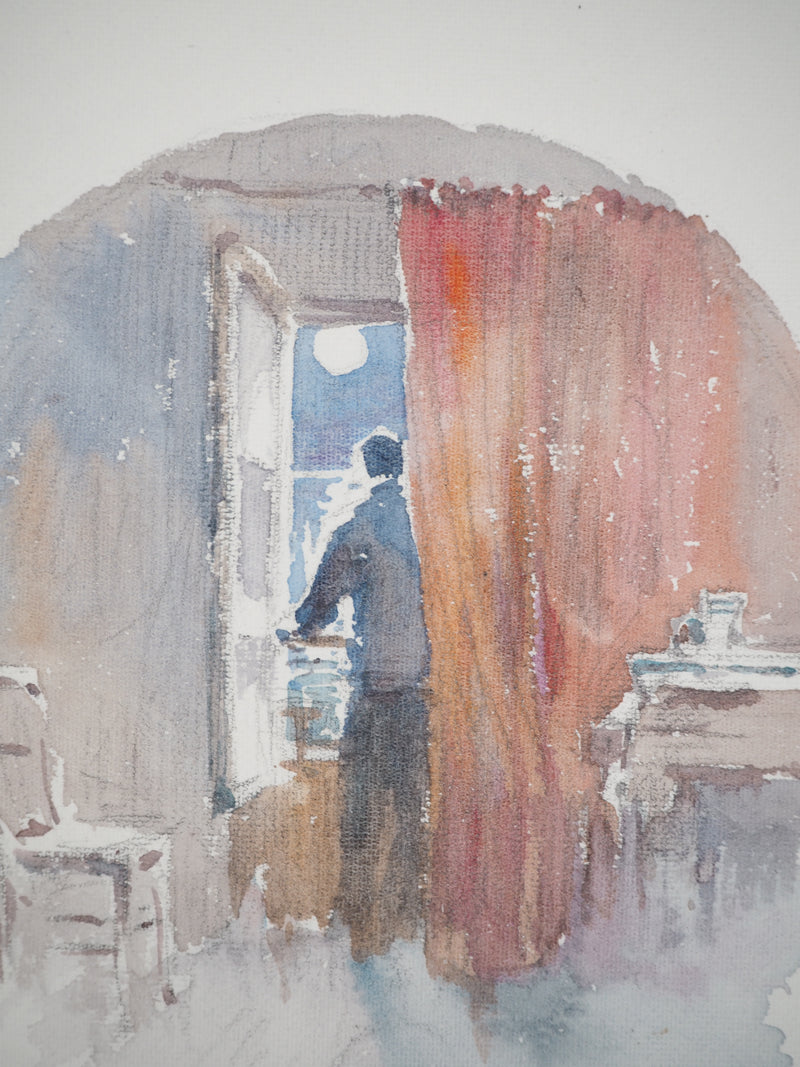 René LEVERD : Suisse, La nuit tombe sur Bouveret, Aquarelle originale signée