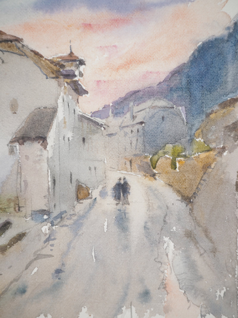 René LEVERD : Suisse, Sur la route de Bouveret, Aquarelle originale signée