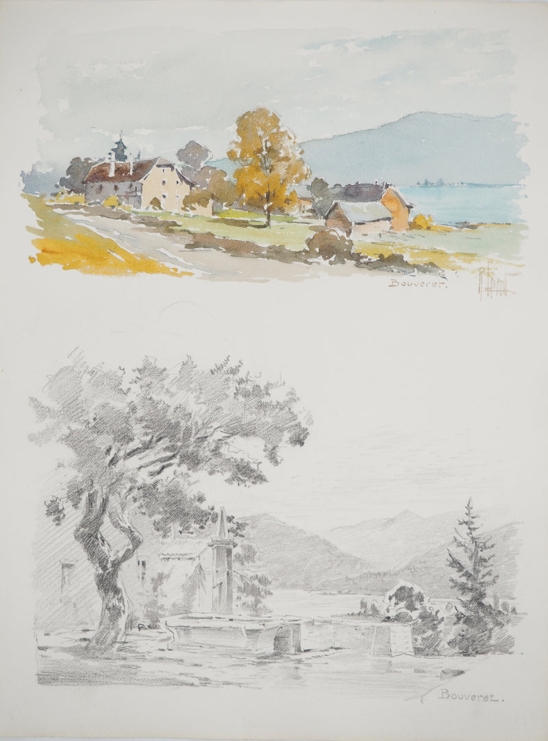 René LEVERD : Suisse, Bouveret sous un ciel bleu, Dessin original signée