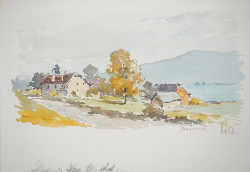 René LEVERD : Suisse, Bouveret sous un ciel bleu, Dessin original signée