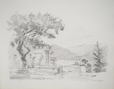 René LEVERD : Suisse, Bouveret sous un ciel bleu, Dessin original signée
