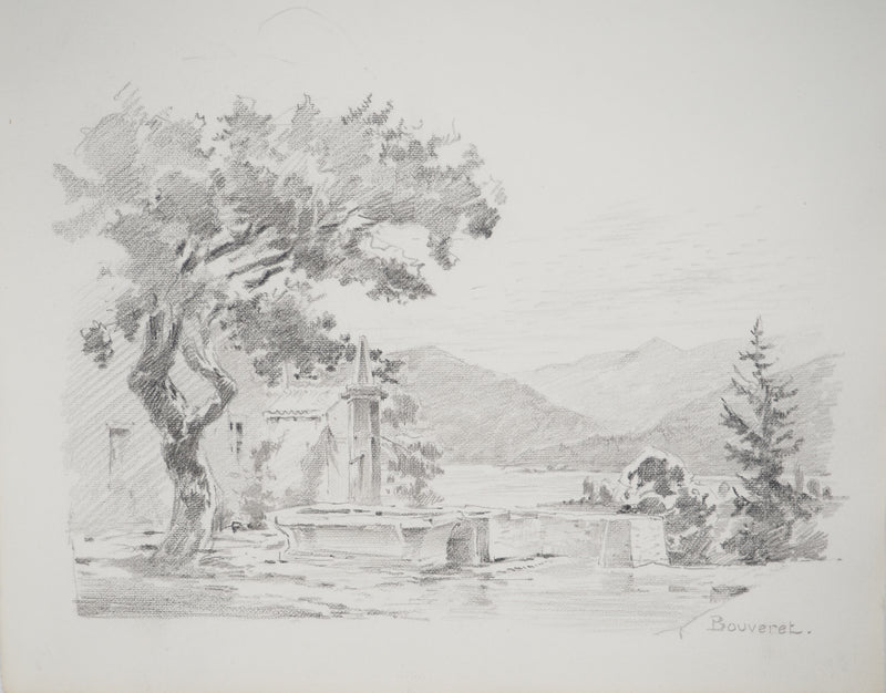 René LEVERD : Suisse, Bouveret sous un ciel bleu, Dessin original signée