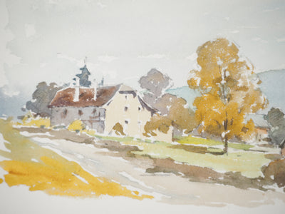 René LEVERD : Suisse, Bouveret sous un ciel bleu, Dessin original signée