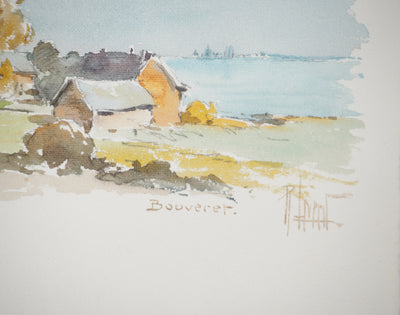 René LEVERD : Suisse, Bouveret sous un ciel bleu, Dessin original signée