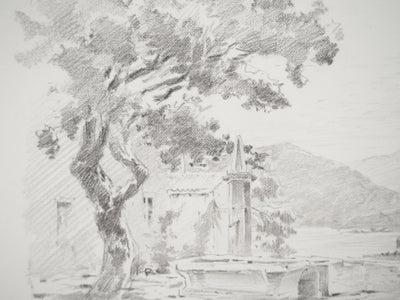 René LEVERD : Suisse, Bouveret sous un ciel bleu, Dessin original signée