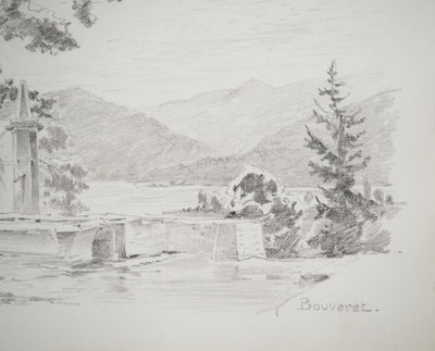 René LEVERD : Suisse, Bouveret sous un ciel bleu, Dessin original signée