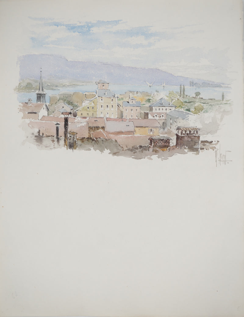 René LEVERD : Village sur le lac, Dessin original signée