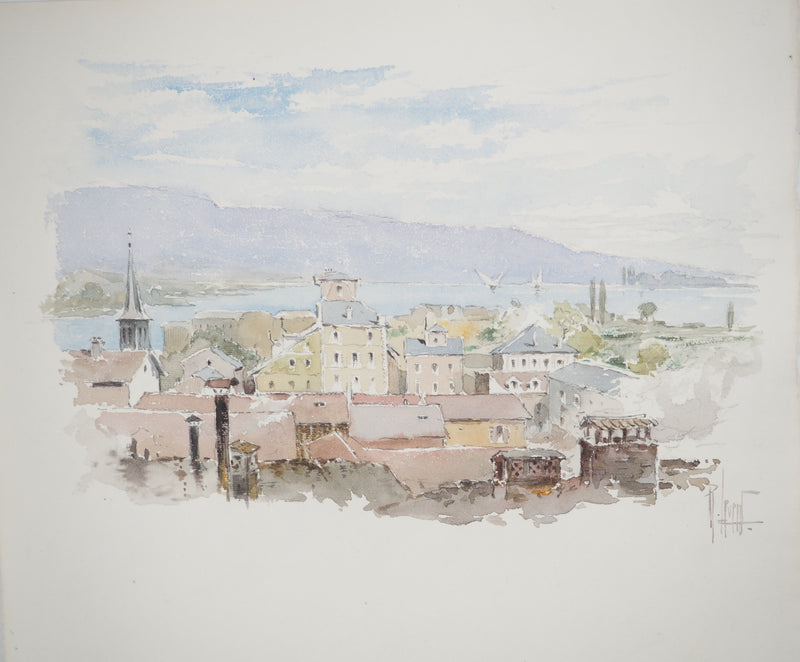 René LEVERD : Village sur le lac, Dessin original signée
