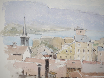 René LEVERD : Village sur le lac, Dessin original signée