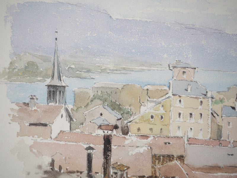 René LEVERD : Village sur le lac, Dessin original signée