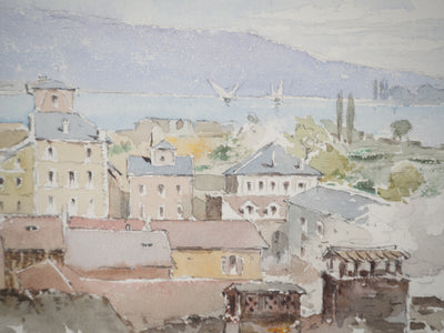 René LEVERD : Village sur le lac, Dessin original signée