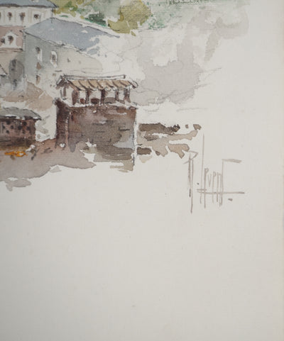 René LEVERD : Village sur le lac, Dessin original signée