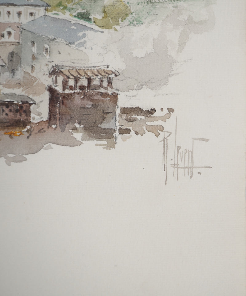 René LEVERD : Village sur le lac, Dessin original signée