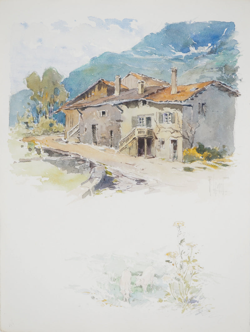René LEVERD : Les cochons en montagne, Aquarelle originale signée