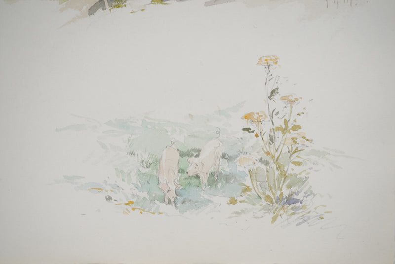 René LEVERD : Les cochons en montagne, Aquarelle originale signée