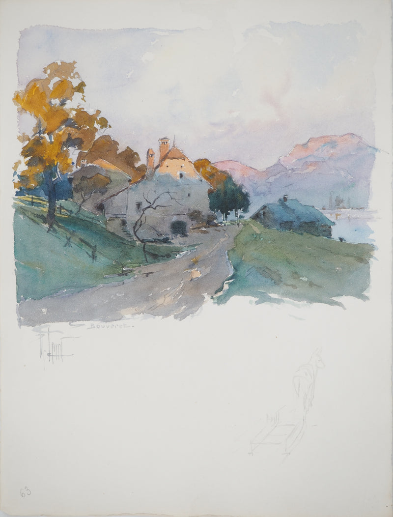 René LEVERD : Suisse, Coucher de soleil sur Bouveret, Aquarelle originale signée