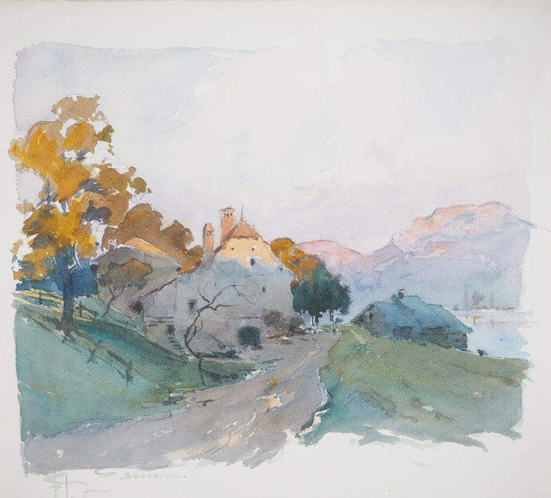 René LEVERD : Suisse, Coucher de soleil sur Bouveret, Aquarelle originale signée