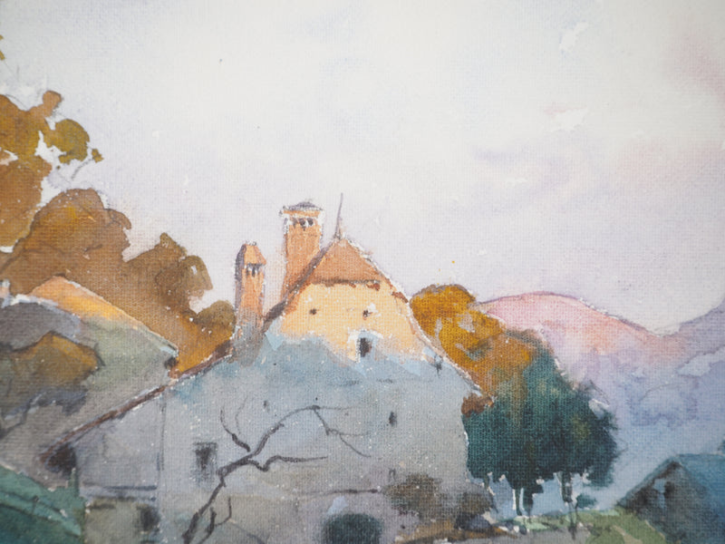 René LEVERD : Suisse, Coucher de soleil sur Bouveret, Aquarelle originale signée