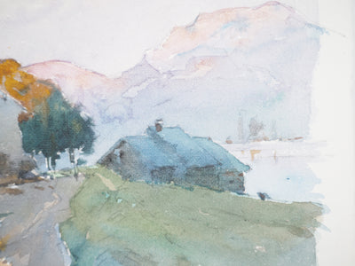 René LEVERD : Suisse, Coucher de soleil sur Bouveret, Aquarelle originale signée