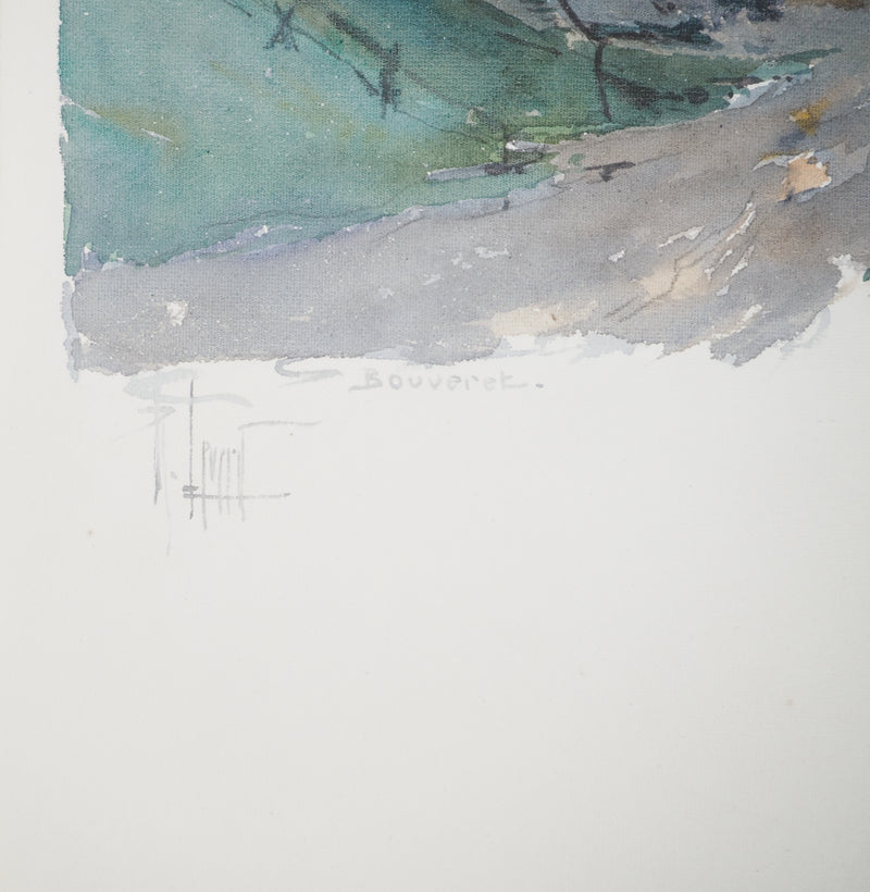 René LEVERD : Suisse, Coucher de soleil sur Bouveret, Aquarelle originale signée