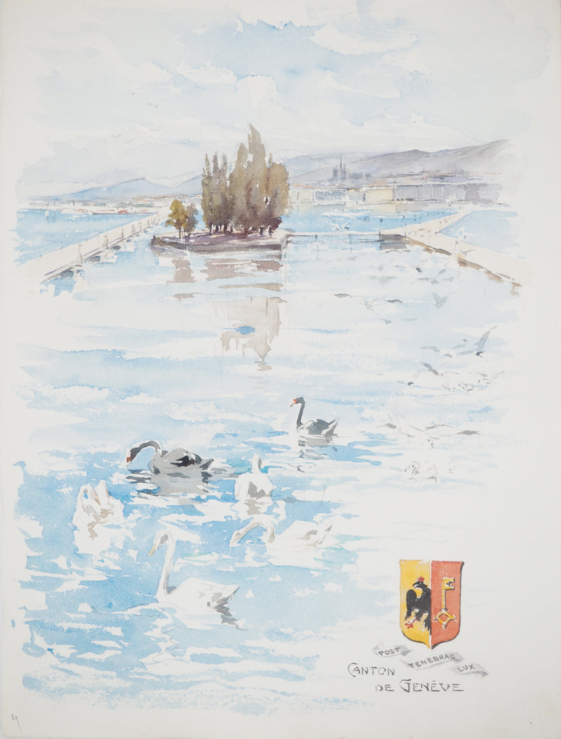 René LEVERD : Suisse, Cygnes de Genève, Aquarelle originale