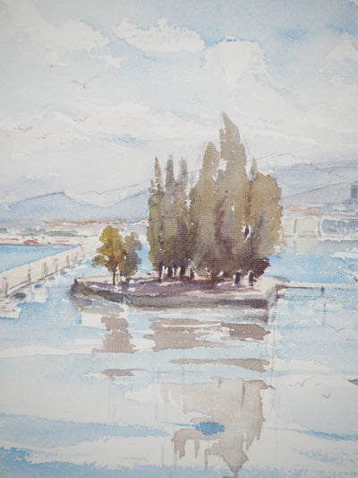 René LEVERD : Suisse, Cygnes de Genève, Aquarelle originale