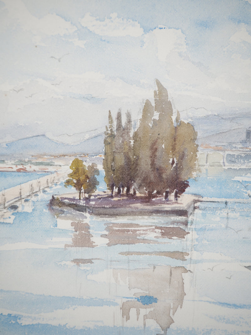 René LEVERD : Suisse, Cygnes de Genève, Aquarelle originale