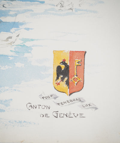 René LEVERD : Suisse, Cygnes de Genève, Aquarelle originale