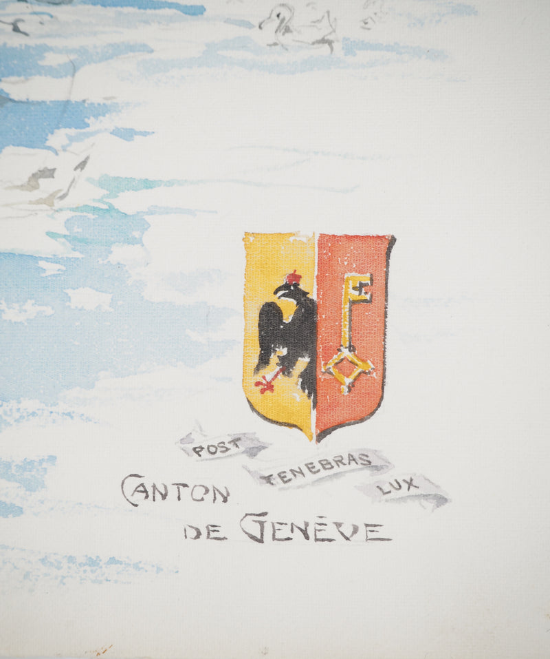 René LEVERD : Suisse, Cygnes de Genève, Aquarelle originale