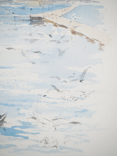 René LEVERD : Suisse, Cygnes de Genève, Aquarelle originale