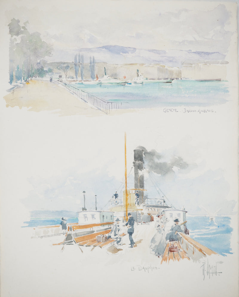 René LEVERD : Suisse, Jardin anglais de Genève et le Dauphin, Aquarelle originale signée