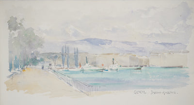 René LEVERD : Suisse, Jardin anglais de Genève et le Dauphin, Aquarelle originale signée