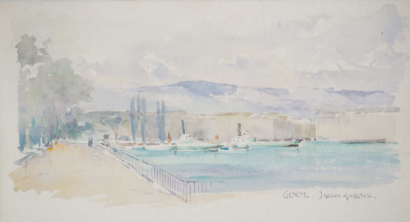 René LEVERD : Suisse, Jardin anglais de Genève et le Dauphin, Aquarelle originale signée