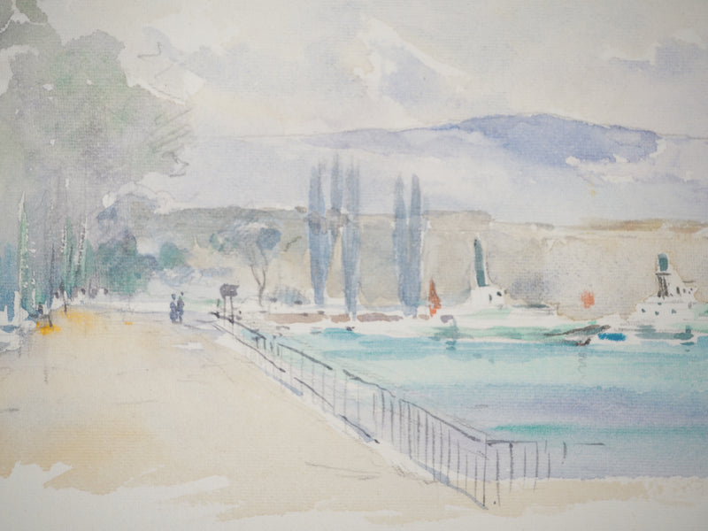 René LEVERD : Suisse, Jardin anglais de Genève et le Dauphin, Aquarelle originale signée