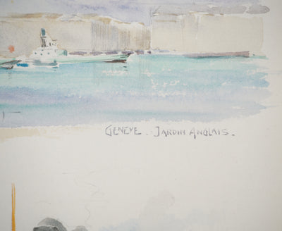 René LEVERD : Suisse, Jardin anglais de Genève et le Dauphin, Aquarelle originale signée