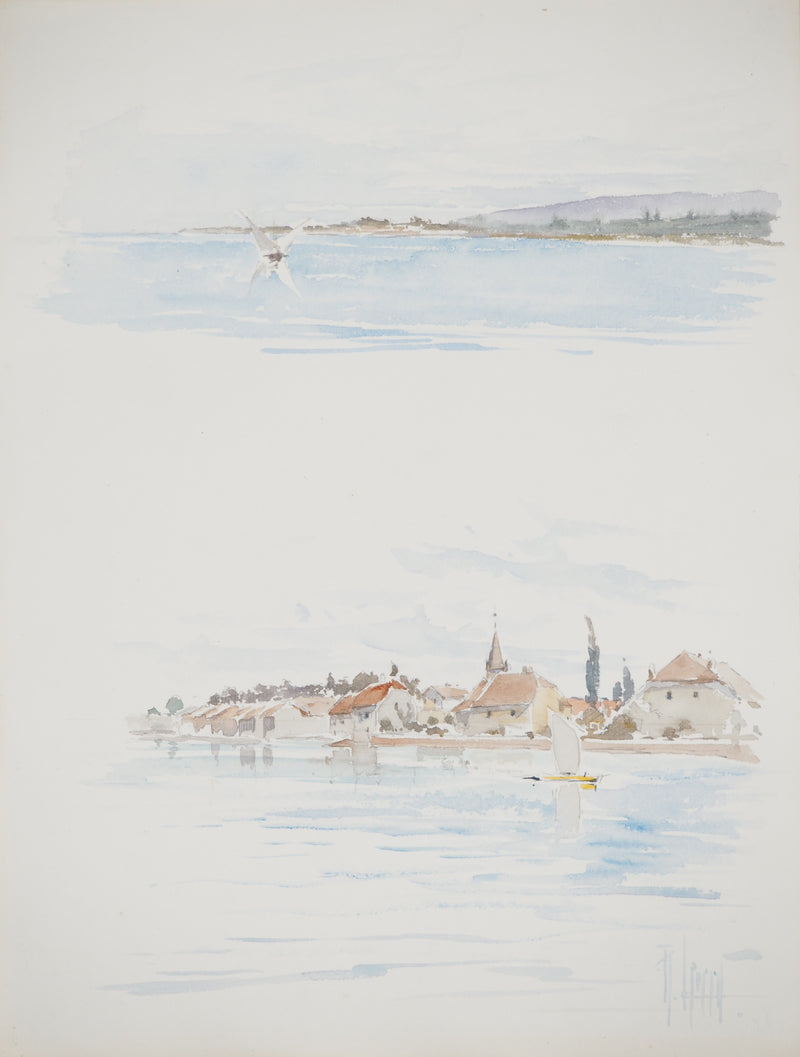 René LEVERD : Vol au-dessus du lac, Aquarelle originale signée